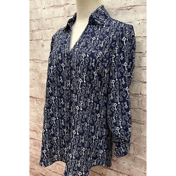 EXPRESS The Portofino Shirt Women's Small Navy Blue Keys Long Sleeve Roll Tab - Picture 3 of 3